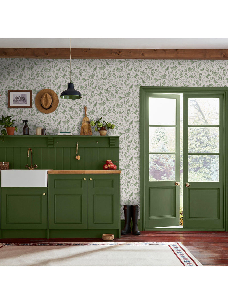 Joules pheasant print wallpaper linen green - British product