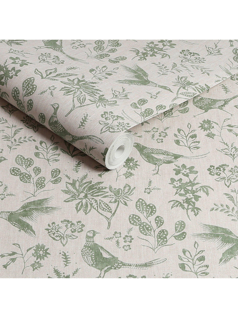 Joules pheasant print wallpaper linen green - British product