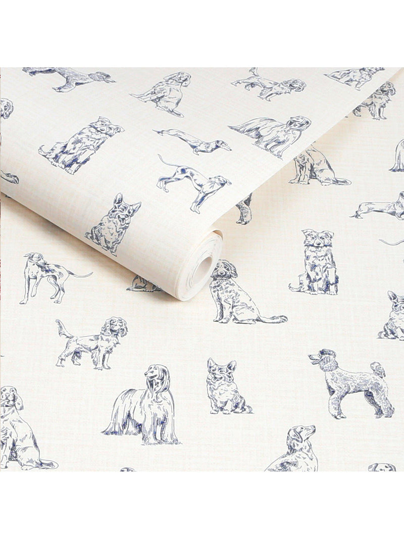 Joules Sketched Dogs wallpaper cream and blue roll (British brand)