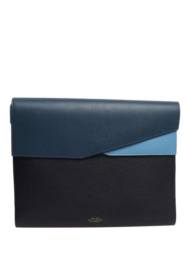 Smythson blue leather laptop bag with gold hardware - British product