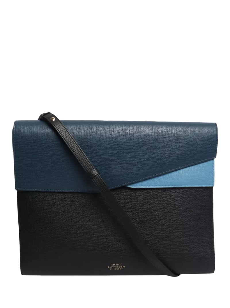Smythson blue leather laptop bag with gold hardware - British product