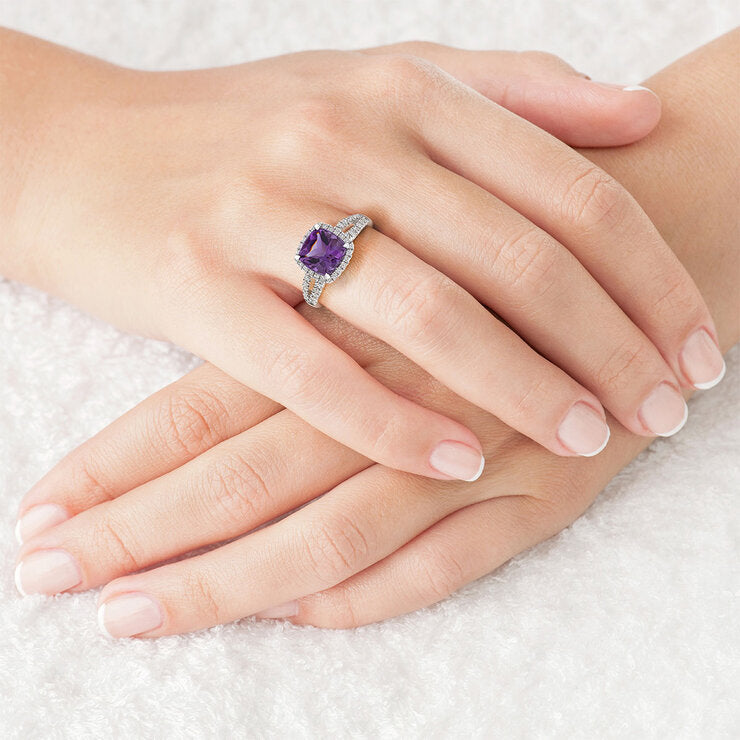 Costco cushion cut amethyst diamond ring 14ct white gold (British brand)