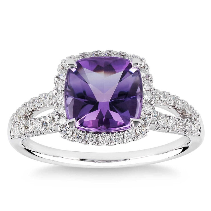 Costco cushion cut amethyst diamond ring 14ct white gold (British brand)