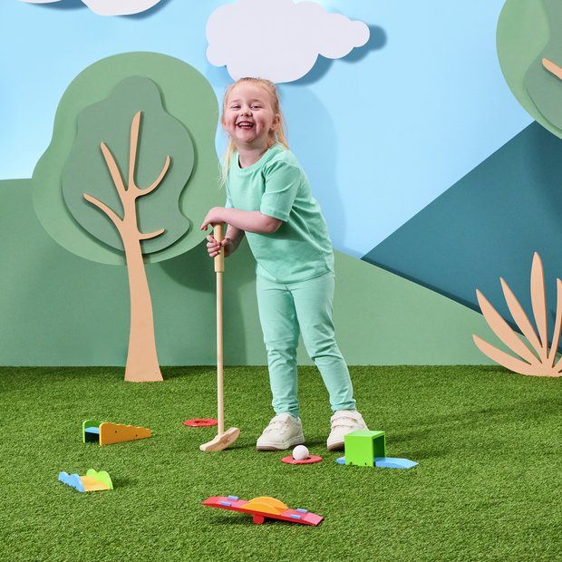 Chad Valley wooden golf set with two putters and obstacles (British brand)