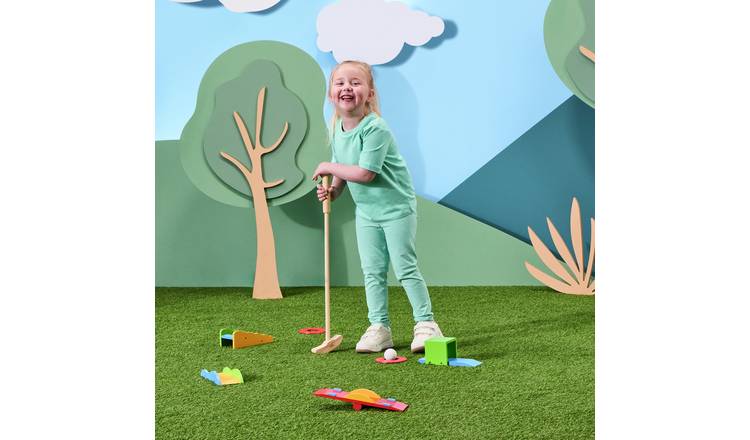 Chad Valley wooden golf set with two putters and obstacles (British brand)