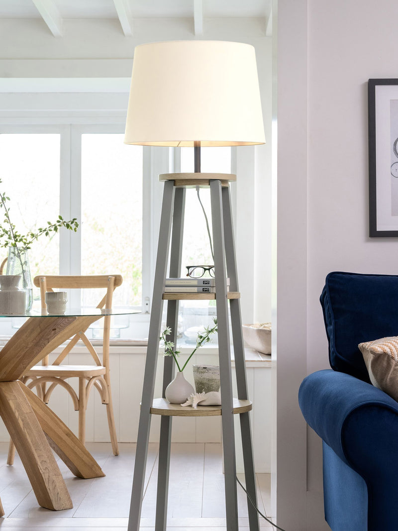 Malvern grey shelved wood floor lamp (British brand)