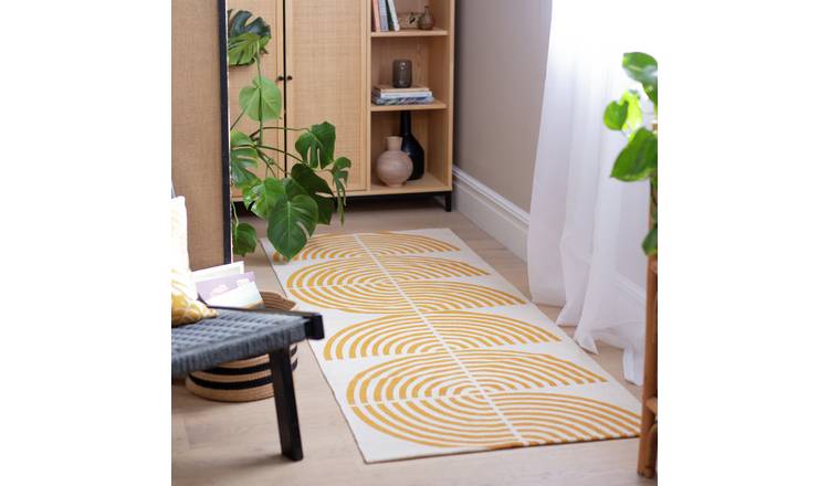 Habitat cotton flatweave runner with Global Swirl yellow pattern, 75x200cm, UK version