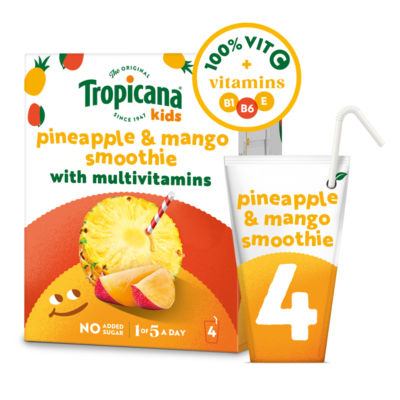 Smoothie pour boîte à lunch aux fruits Tropicana pour enfants, ananas et mangue 4 x 150 ml