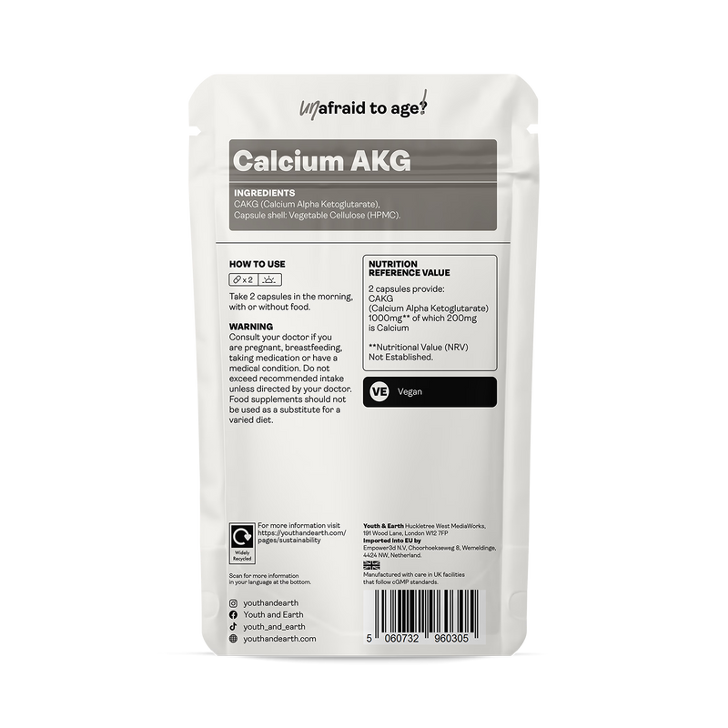 Youth and Earth Calcium AKG 500mg capsules 60 count, UK version