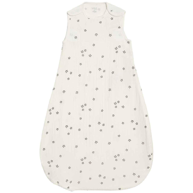 M&S NB U 0.5T Star Muslin Sleeping Bag, 0-6 Months, White Mix