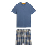 M&S Mens Pure Cotton Woven Checked Pyjama Set, L, Denim Mix