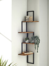 Next Dark Wood Corner Wall Shelf with Concrete Effect Shelves and Grey Metal Frame- Buy online at McGrocer