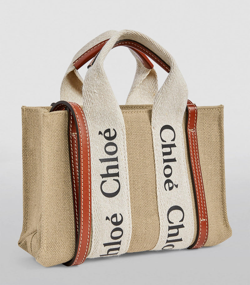Chloé Mini Woody Tote Bag cotton canvas leather trims, imported from the UK