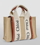 Chloé Mini Woody Tote Bag cotton canvas leather trims, imported from the UK