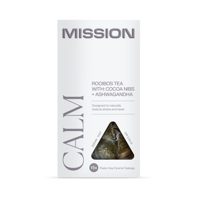 Mission Calm rooibos tea cocoa nibs ashwagandha 15 bags (British brand)