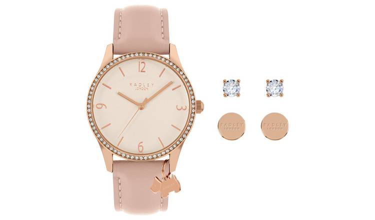 Radley pink leather watch and earrings set, UK version