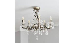 Glass and Brass 5-Light Flush Mount Chandelier with Crystal Droplets