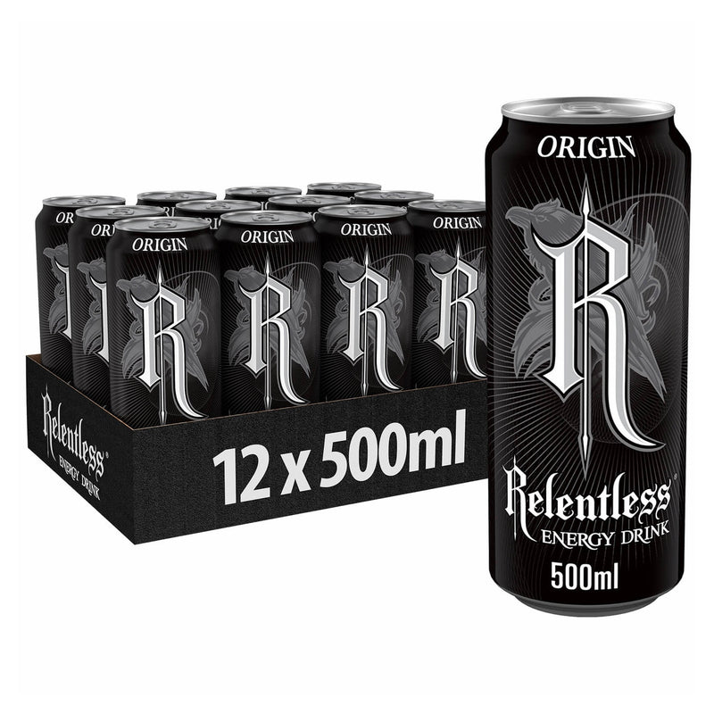 Relentless Origin Energy Drink 500ml pack, imported from the UK