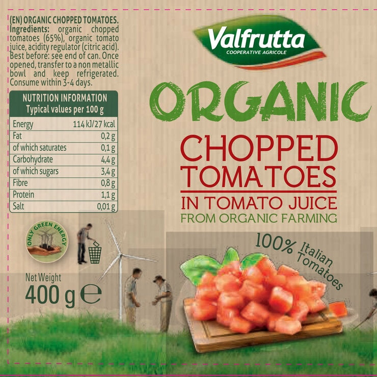 Valfrutta organic chopped tomatoes 12x400g, UK version
