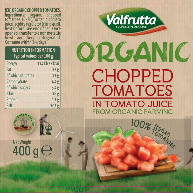 Valfrutta organic chopped tomatoes 12x400g, UK version