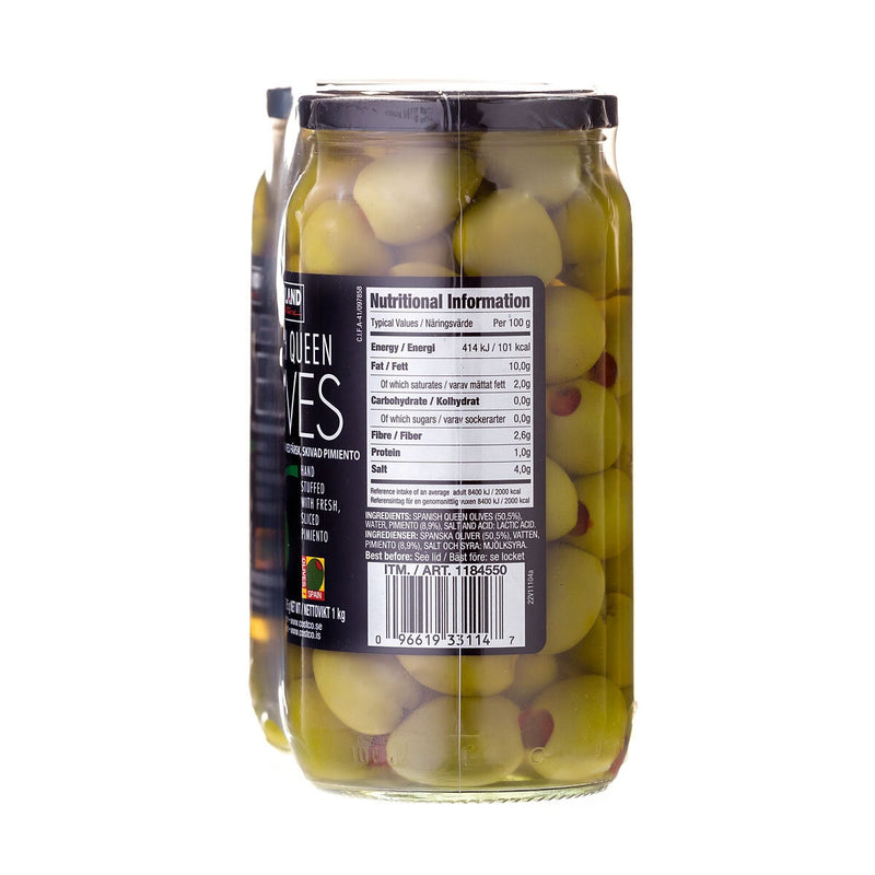 Kirkland Signature Spanish Queen pimiento stuffed olives 595g, UK version