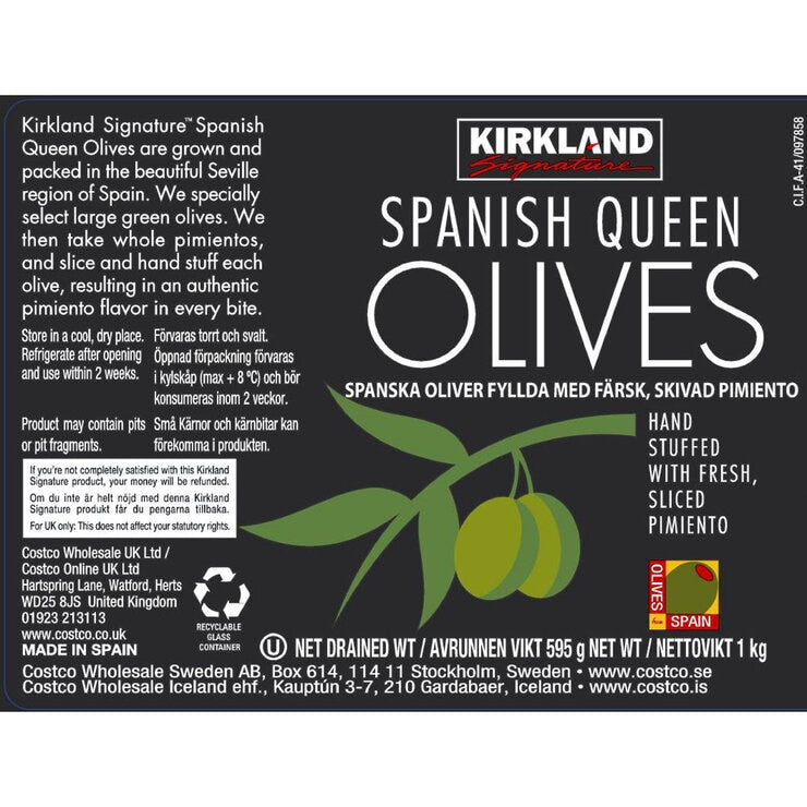 Kirkland Signature Spanish Queen pimiento stuffed olives 595g, UK version