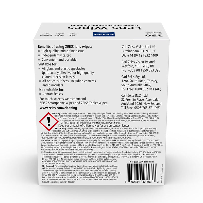 Zeiss lens cleaning wipes 250 wipes (British brand)
