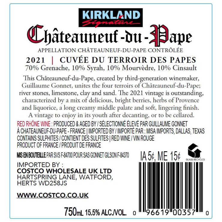 Kirkland Signature red wine 2024 vintage 75cl (British brand)