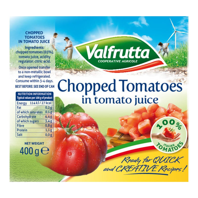 Valfrutta chopped tomatoes 12 x 400g, imported from the UK