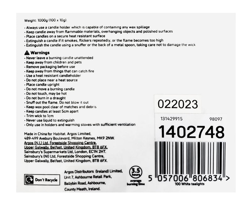 Habitat unscented tealight candles pack of 100, UK version