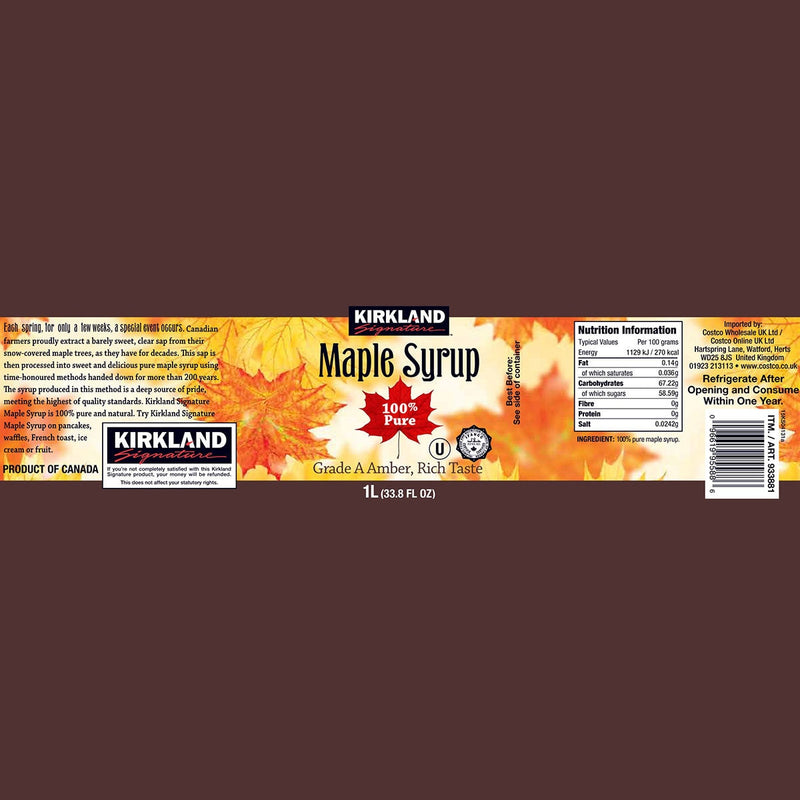 Kirkland Signature Grade A Amber maple syrup 1L, UK version
