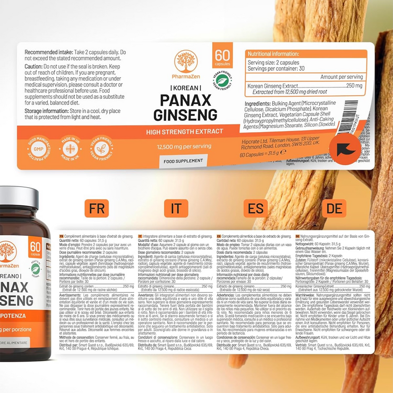 PharmaZen Korean Panax Ginseng Extract 60 Capsules, UK version