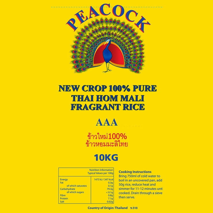 Peacock Thai Hom Mali Fragrant Rice 10kg (British brand)