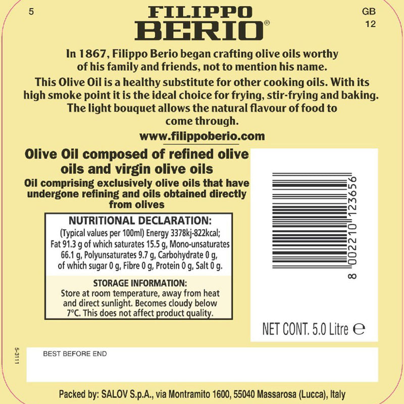 Filippo Berio mild and light olive oil 5L - British product