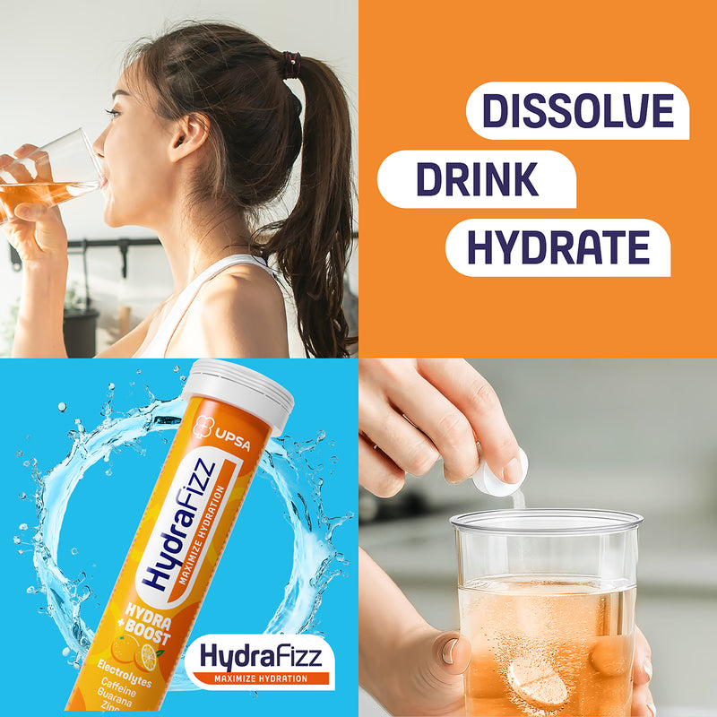 Hydrafizz Hydra + Boost effervescent supplement orange flavour, imported from the UK