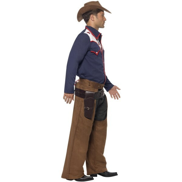 Smiffys rodeo cowboy costume with blue shirt chaps and hat, imported from the UK