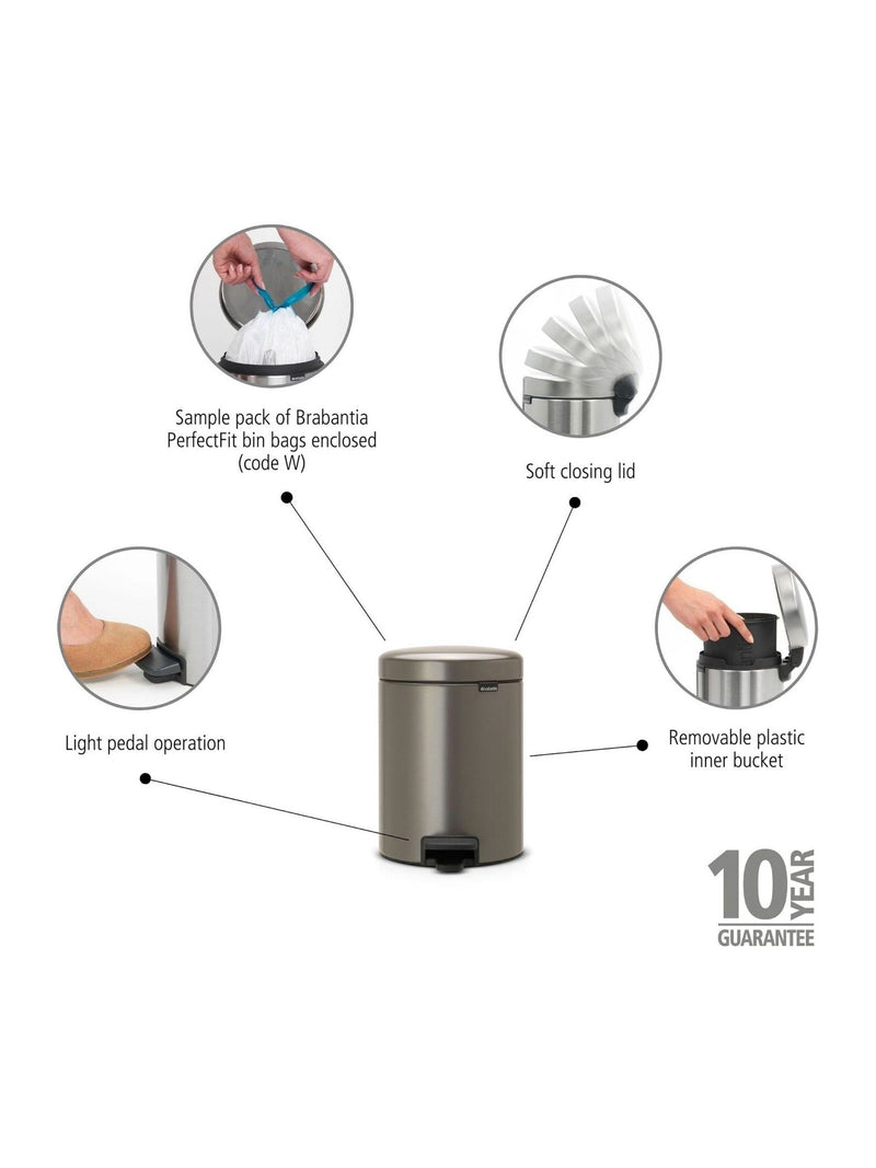 Brabantia Platinum NewIcon Pedal Bin 5L - British product