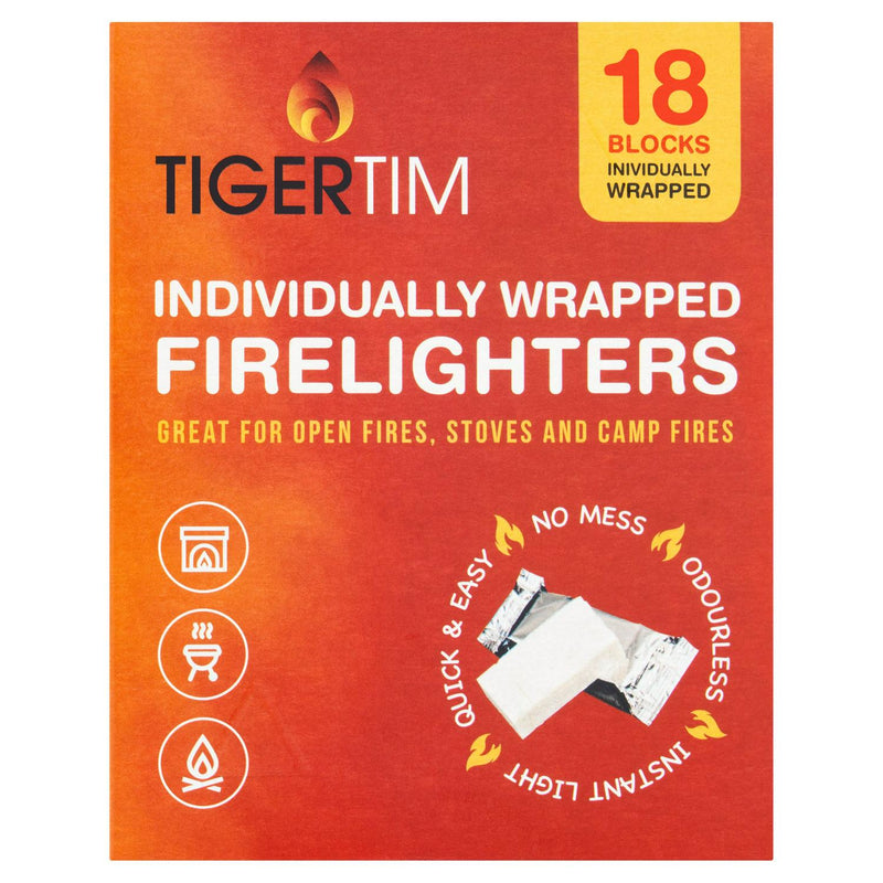 Tiger Tim Firelighters 18 Pack Odourless Blocks (British brand)