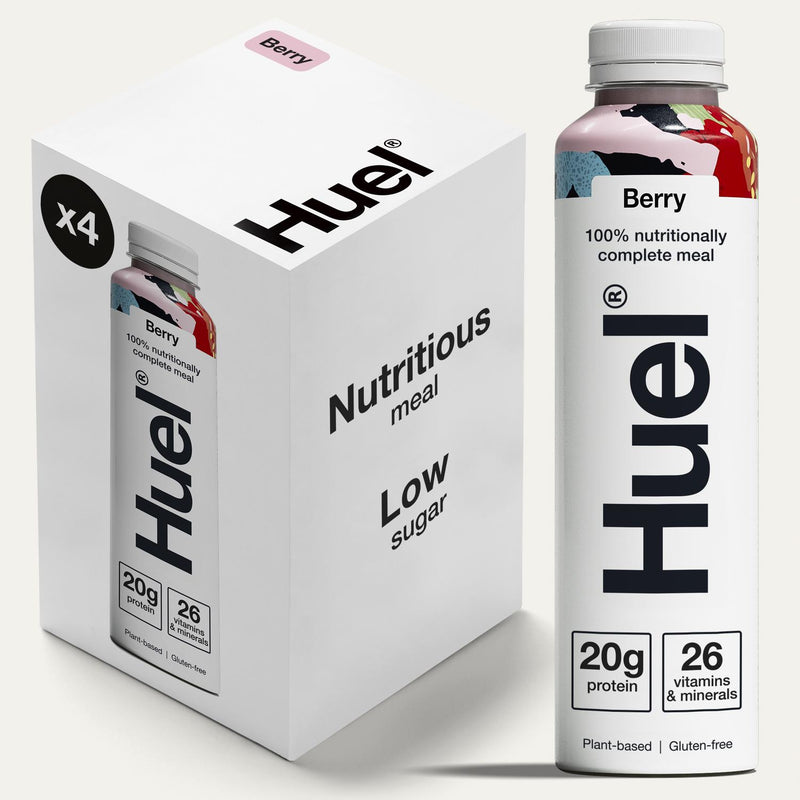 Huel Berry 4 pack bottle shakes, imported from the UK