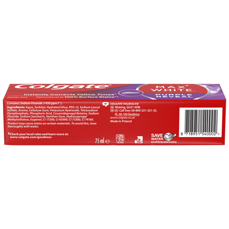 Colgate Max White Purple Reveal toothpaste 75ml, imported from the UK