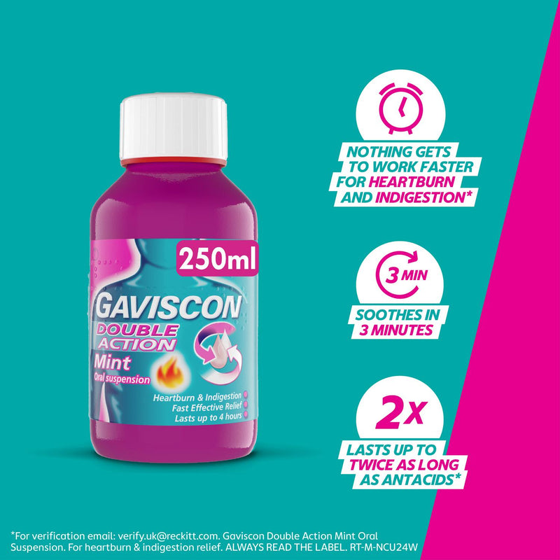 Gaviscon Double Action Mint Oral Suspension 250ml, UK version