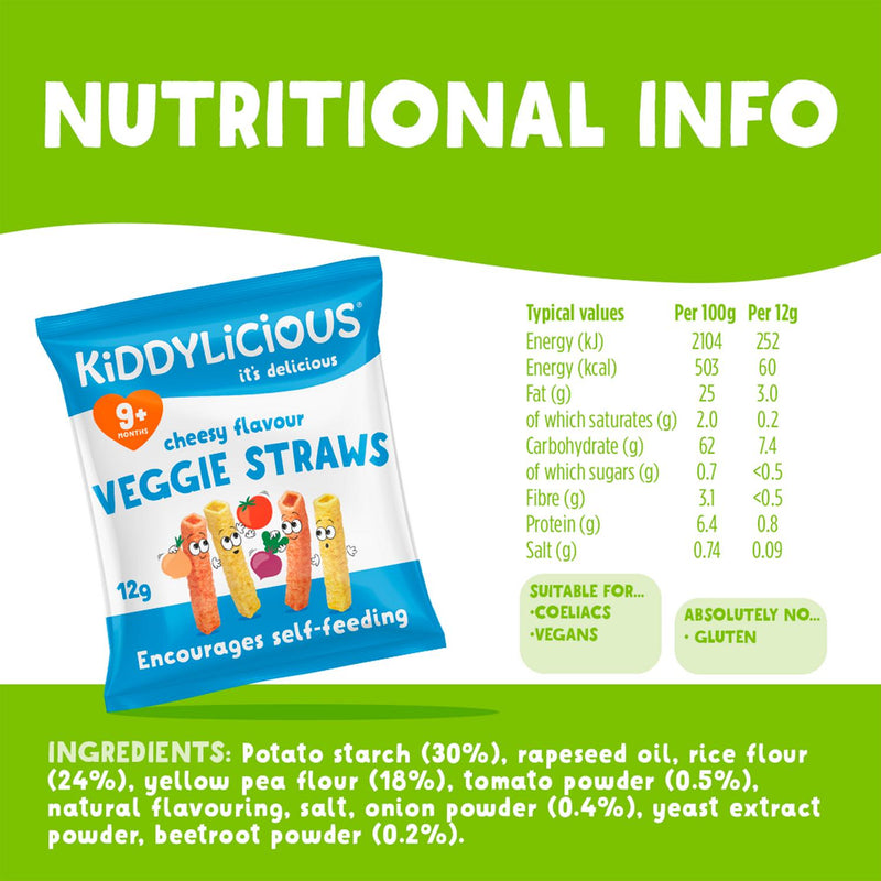 Kiddylicious Cheesy Flavoured Veggie Straws Baby Snacks 4x12g