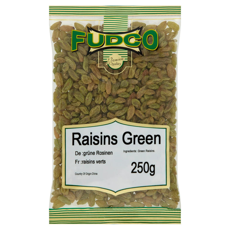 Fudco Green Raisins 250g dried fruit snack - British product.
