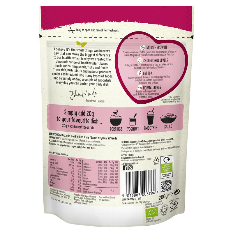 Linwoods malte økologiske chiafrø 200g pose, UK-versjon