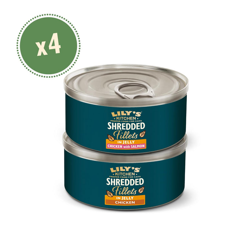 Lily's Kitchen shredded fillets in jelly multipack for cats with chicken and salmon flavours, 4 x 70g, UK version