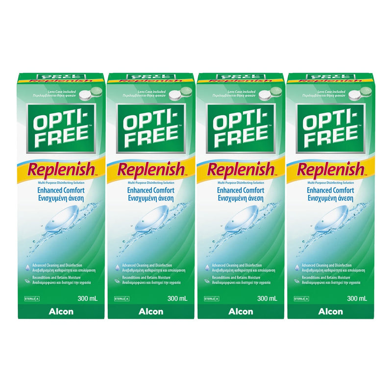 Opti-Free Replenish contact lens solution 4 x 300ml, imported from the UK