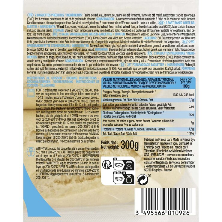 Menissez Demi Baguettes Part Baked White 4 x 300g, imported from the UK
