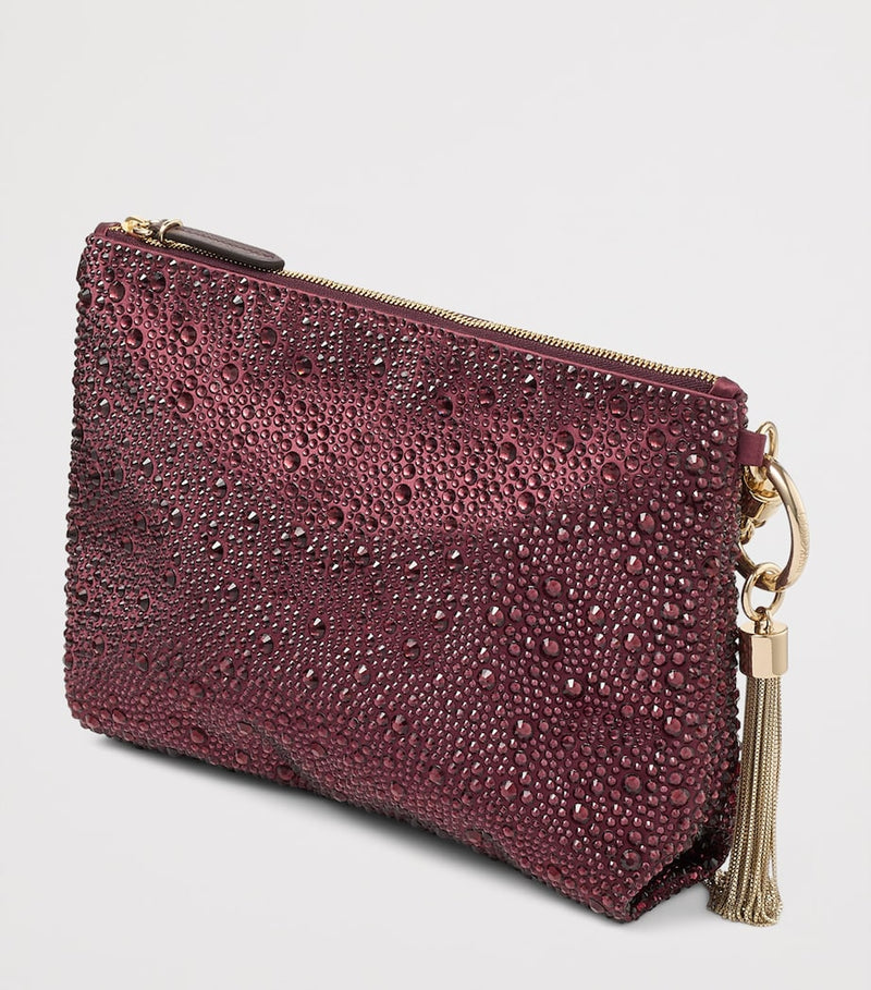 Jimmy Choo crystal-embellished satin clutch bag, imported from the UK