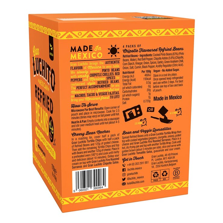 Gran Luchito Refried Beans Smoky Chipotle 4 x 430g, UK Version