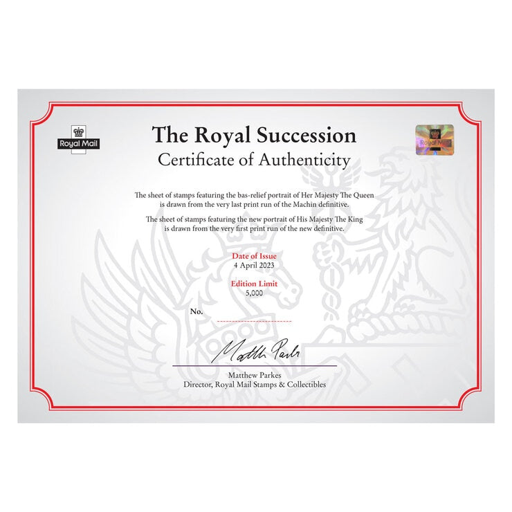 Royal Mail Royal Succession mint stamp sheets folder, imported from the UK